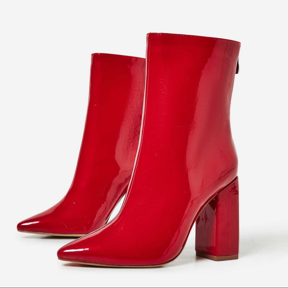 EGO Everly Block Heel Ankle Boot In Red Patent
